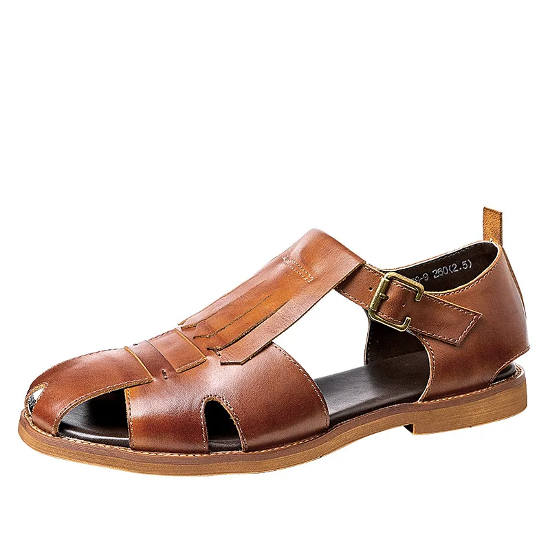 

Spring Cowhide Summer Open-toed Flat-bottomed Roman Sandals Men Breathable Beach Shoes Genuine Leather Sandals Designer Sandals