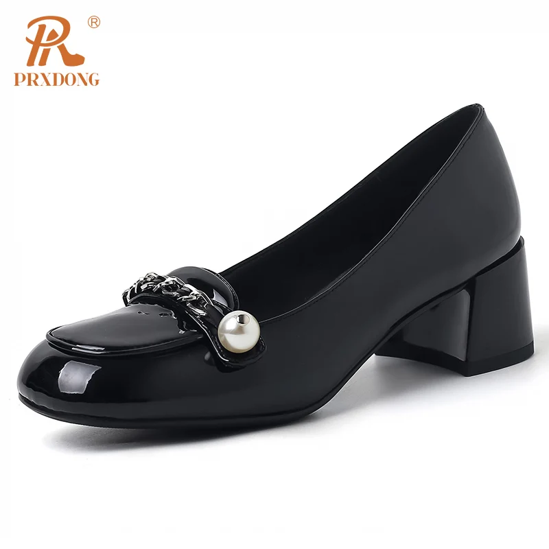 Женские туфли-лодочки на среднем каблуке PRXDONG черные или розовые из натуральной