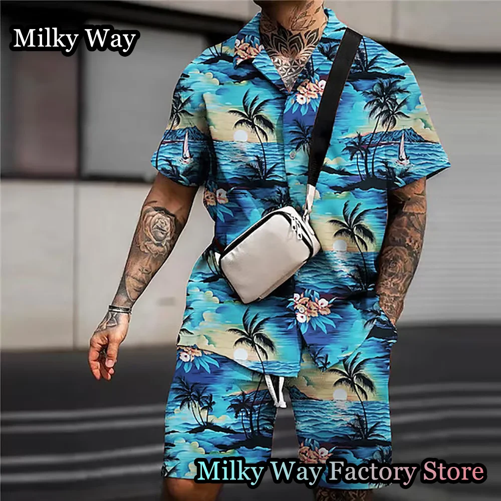 Summer Men Hawaiian Shirt Shorts Set 2 Pieces Vintage Tracksuit Fashion Beach Style Outfit Male Casual Vacation Clothing