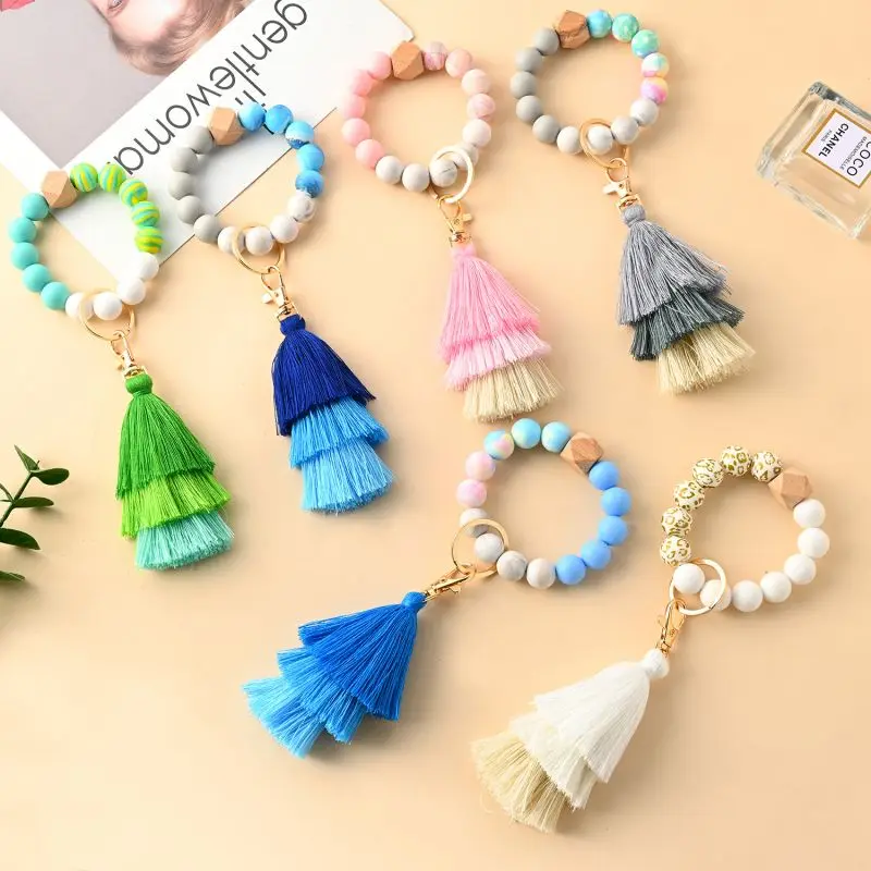 

Colorful Tassel Keyrings Fashion Silicone Beads Keychain For Keys Women Useful Keyring Beaded Bracelet Keychains with Tassel