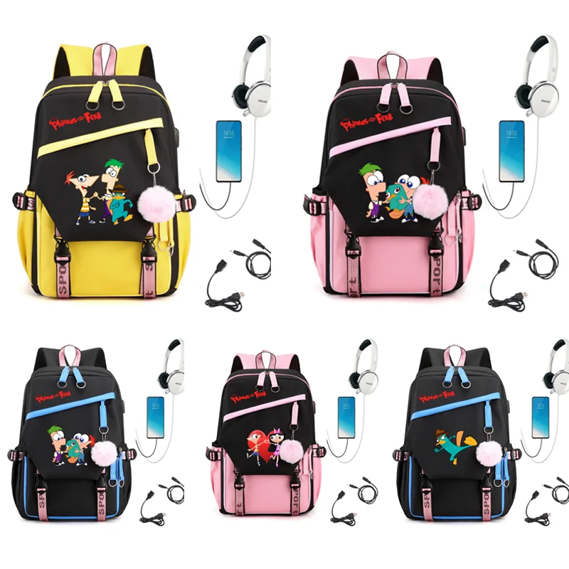 MINISO Phineas And Ferb школьный рюкзак с зарядкой через USB для мужчин и женщин студенческий