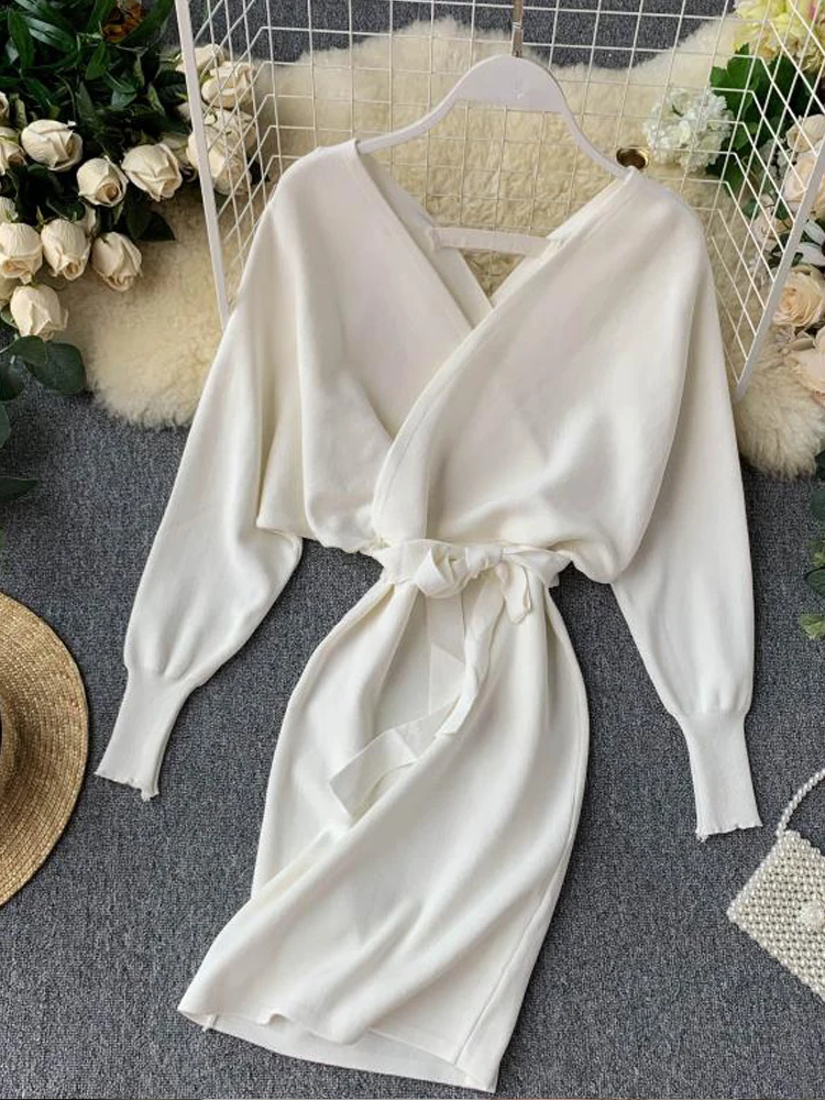 

Autumn Winter Office Women Knitted Sweater Dress Korean Elegant Long Batwing Sleeve V Neck Elegant Dress Ladies Bandage Dresses