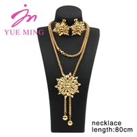flower shape jewelry 18k gold color dubai necklace sets for women african wedding gifts fashion 80cm long chain earrings