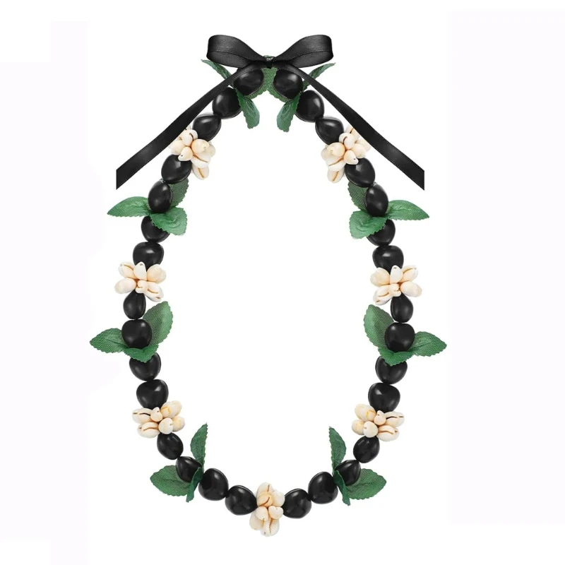 Adjustable Acrylic Heart Shells Bead Necklace Hawaiian Graduation Kukui Nut Leis Flower Necklace with Ribbon Bow K3ND