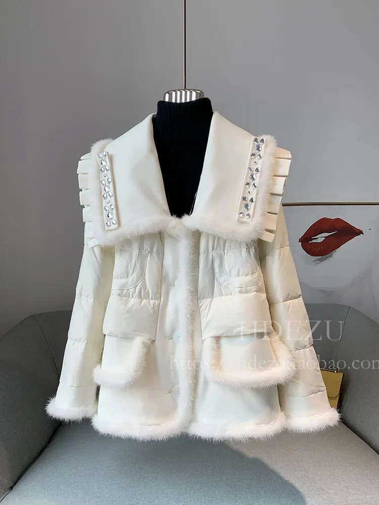

2023 New Diamond-Embedded Mink Fur Collar White down Jacket Women's Short Doll Slimming Young