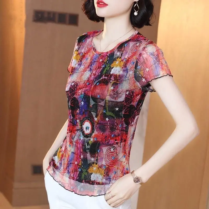

Print bubwear new elastic network knit T-shirt female summer round neck short-sleeved slim temperament simulation silk top