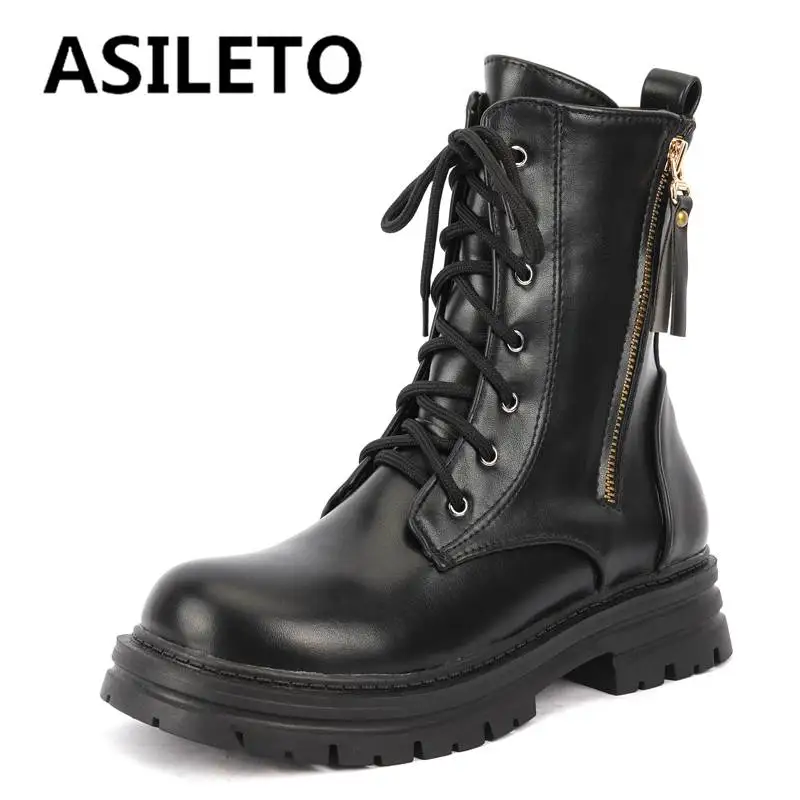 

ASILETO Design Woman Booty Roind Toe Thick Heel 4cm Lace Up Zipper British Style Casual Retro Boots For Girls Size 33 Size 43