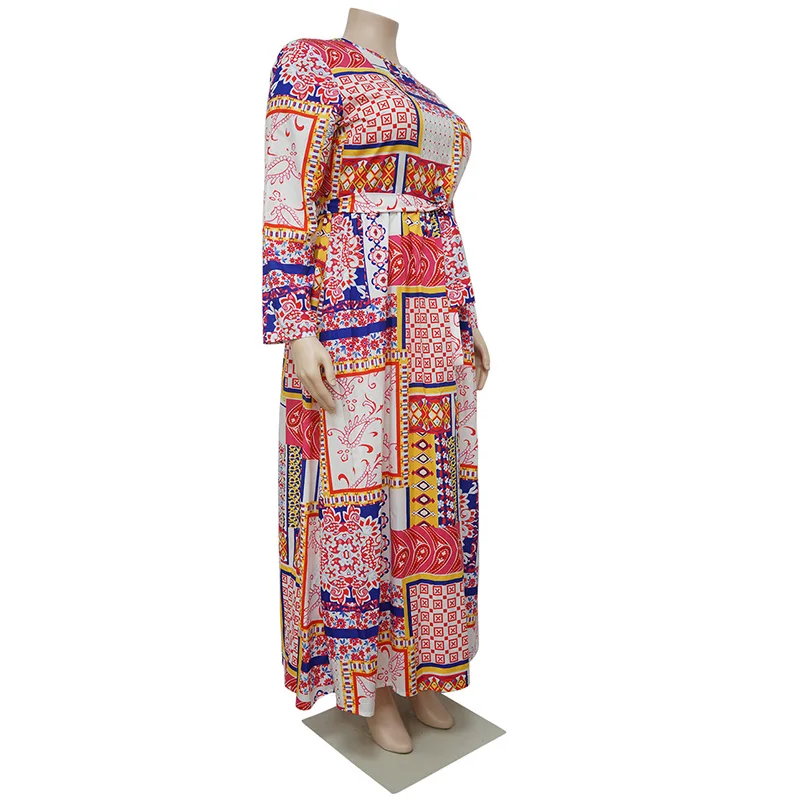 Indie Folk Ethnic O-Neck Pink Long Sleeve Pleated Skirt Vintage Print Bandage Plus Size Maxi Dress Spring Autumn Women Clothing