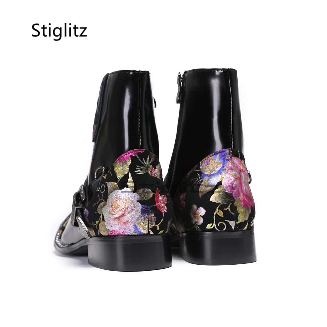 Мужские ботинки с металлическим квадратным носком лоскутные ботильоны принтом