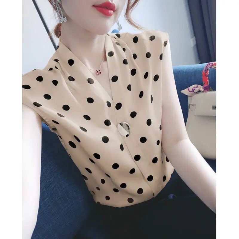 Шифоновая рубашка без рукавов во французском стиле в горошек для женщин новинка