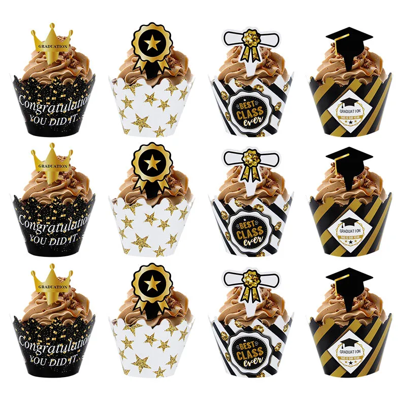 

24PCS Graduation Cupcake Wrappers And Toppers Congratulation Grad Party Class Of Supplies Black Gold Cake Decorations