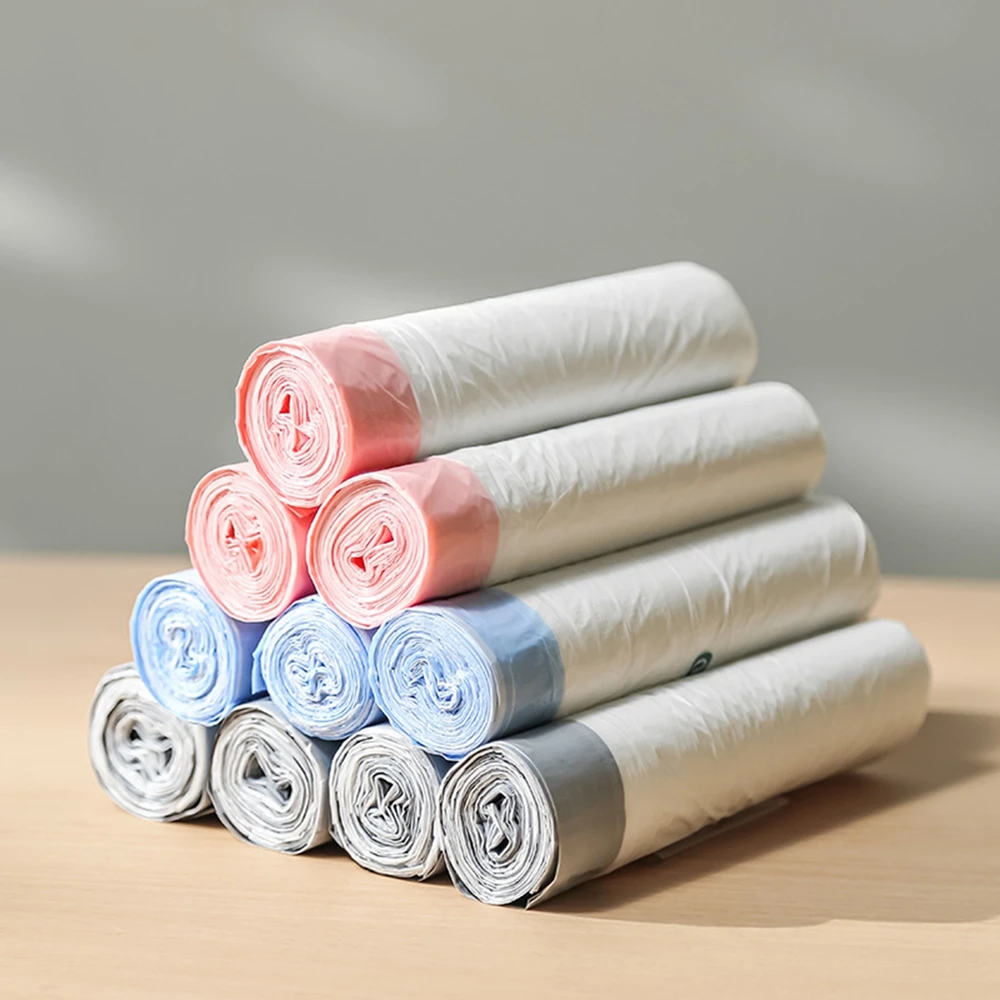 

15pcs/1 roll Disposable Trash Bags Household Kitchen Garbage Bag Drawstring Handles Not Dirty Hands Plastic Storage Bags