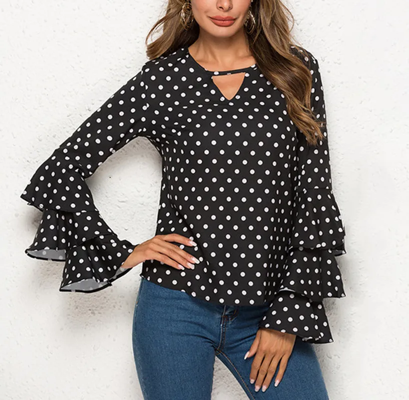 

Women Polka Dot Print Flare Sleeve Shirts Sexy Long Sleeve Tops Korean White Black Blue