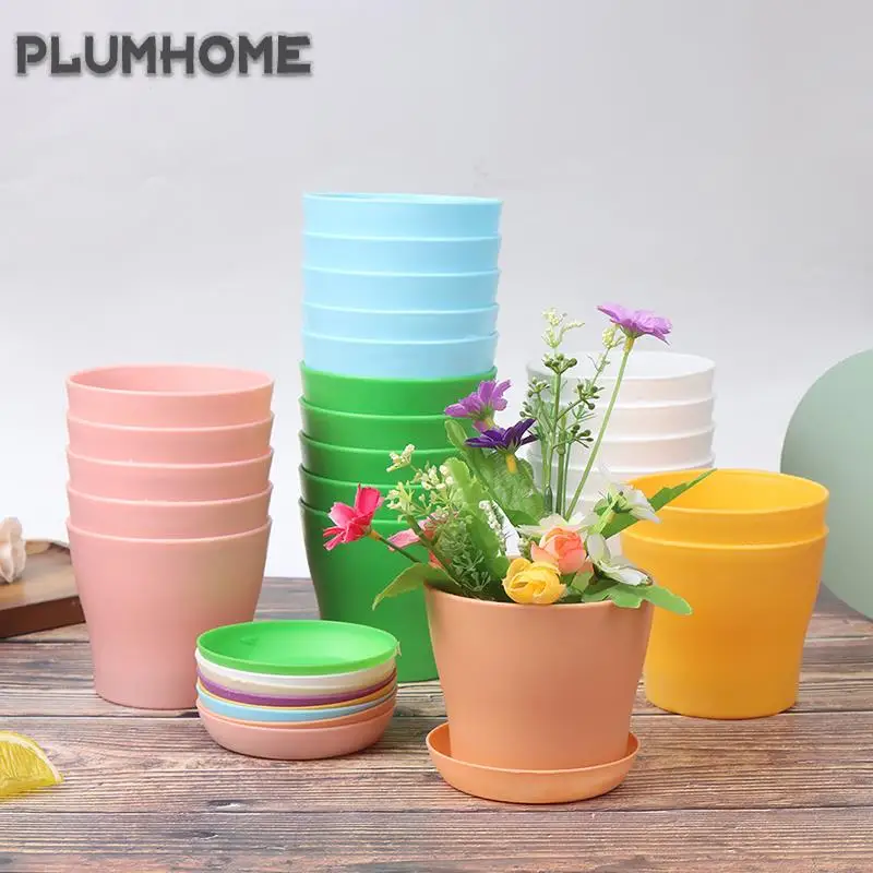 

5 шт. Красочный Прочный цветочный горшок для растений с подносом, офисный стол, садовый декор, суккуленты, принадлежности, цветочный горшок
