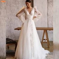 graceful v neck puff sleeves a line wedding dress sequins appliqued vestidos de novia sweep train bride gown robe de mariee