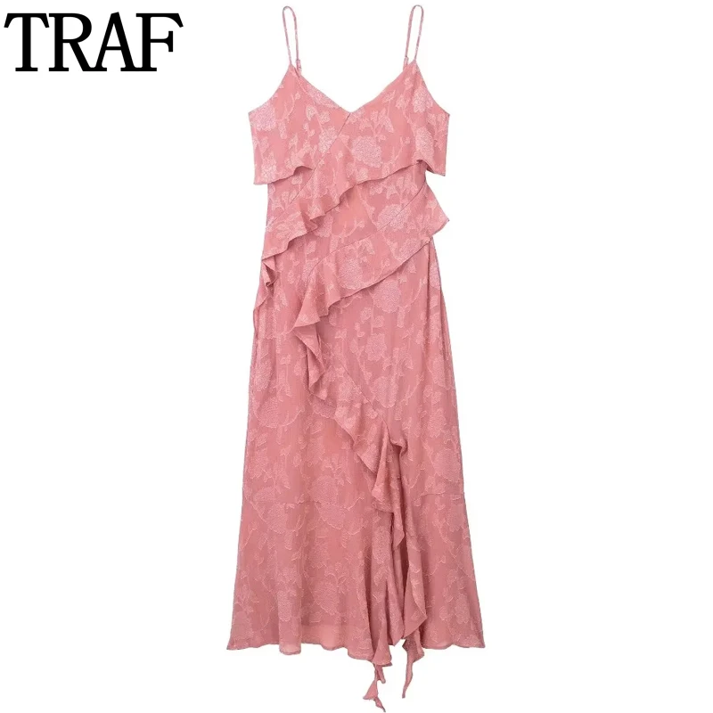 

Женское жаккардовое длинное платье с оборками, открытой спиной и цветочным принтом