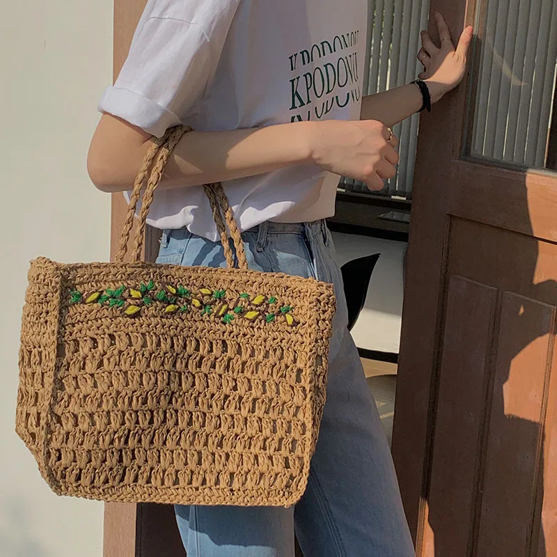 Summer Straw Bag Design Hand Woven Lemon Pattern Handbag Large Capacity Hollow Out Tote Bali Bohemia Holiday Beach Shoulder Bag