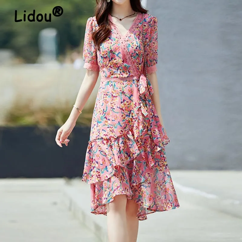 Summer New Elegant Floral Printed Vintage Short Sleeve V-neck Irregular Ruffles Belt Women Chiffon Dresses High Waist Midi Dress