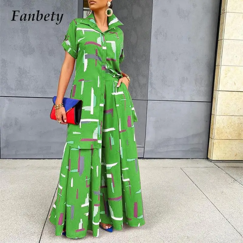 

Casual Turn-down Collar Shirt High Waist Pants Set 2022 Women Print Short Sleeve Blouse And Pant Set Elegant Wide Leg Pants Suit