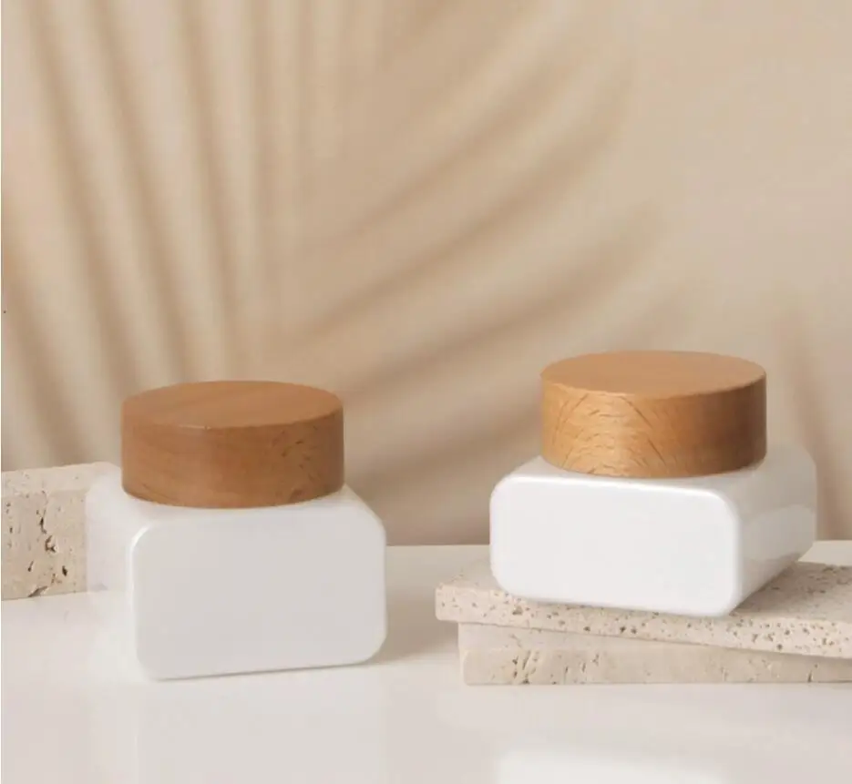 Белая стеклянная банка 30 г деревянная крышка Оловянная фотолампа увлажняющая