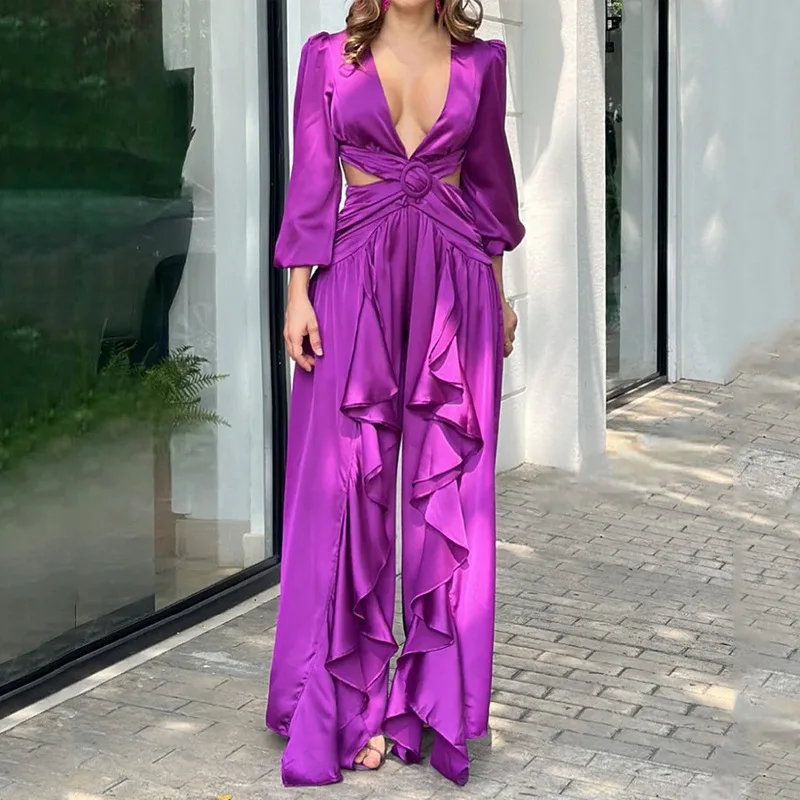 

Sexy Vacation Summer Dresses for Women 2023 Fashion Casual New V-neck Long Sleeve Waist Leaky Solid Lady Loose Fit Maxi Dress