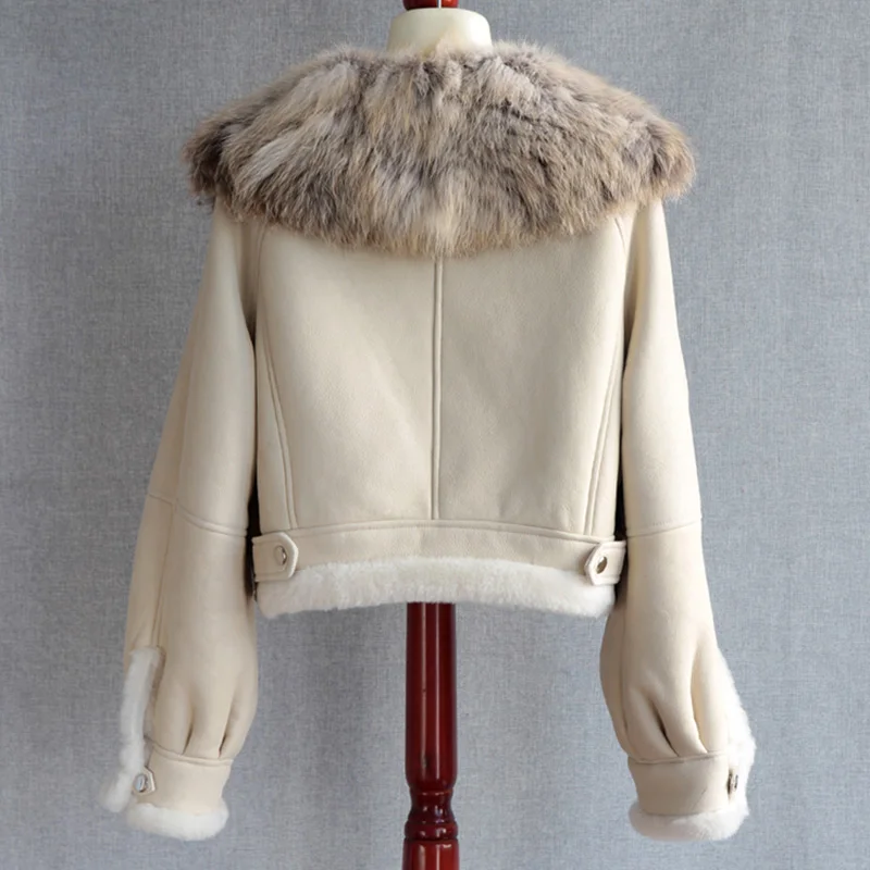2023 Winter Lady Leather Jackets Shearing Genuine Sheepskin Crop Coats Fur Collar Lamb Fur Lining Short Overcoat Warm DJ3900