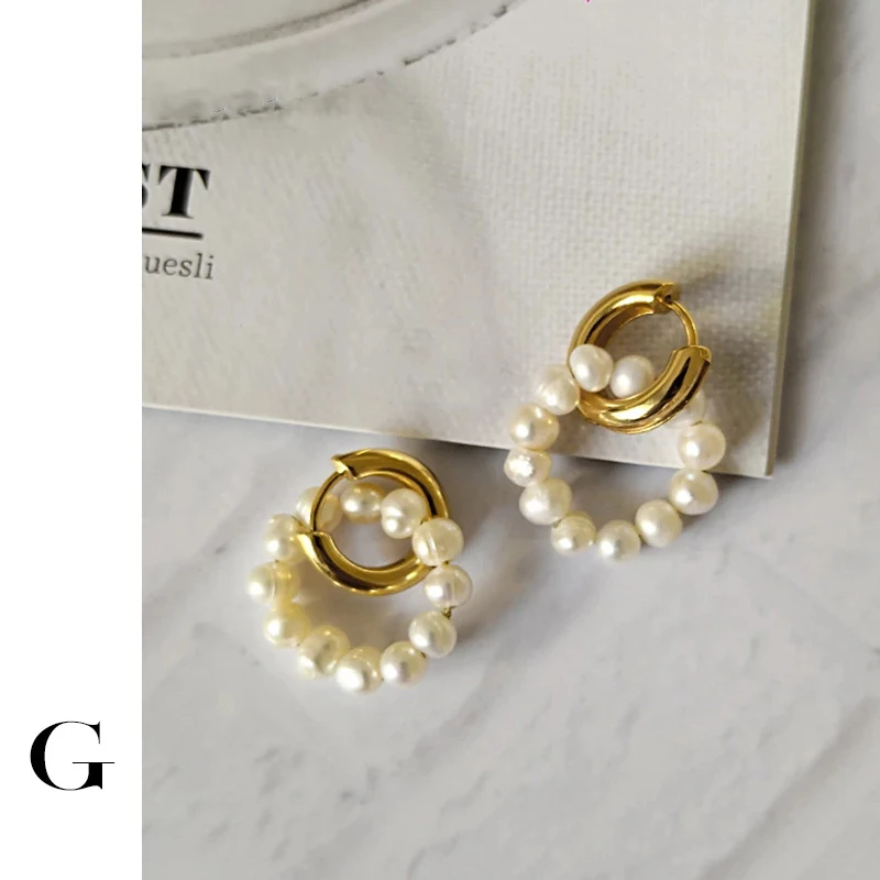 

GHIDBK Baroque Freshwater Pearls Hoop Earrings Handmade Gold Color Dainty Double Rings Earring Minimalist Natural Pearl Hoops