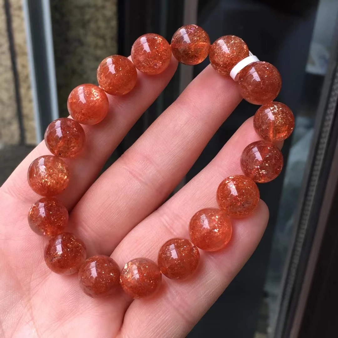 

Top Natural Gold Sunstone Strawberry Quartz Crystal Bracelet 12mm Woman Red Super 7 Round Beads Stretch AAAAA Genuine