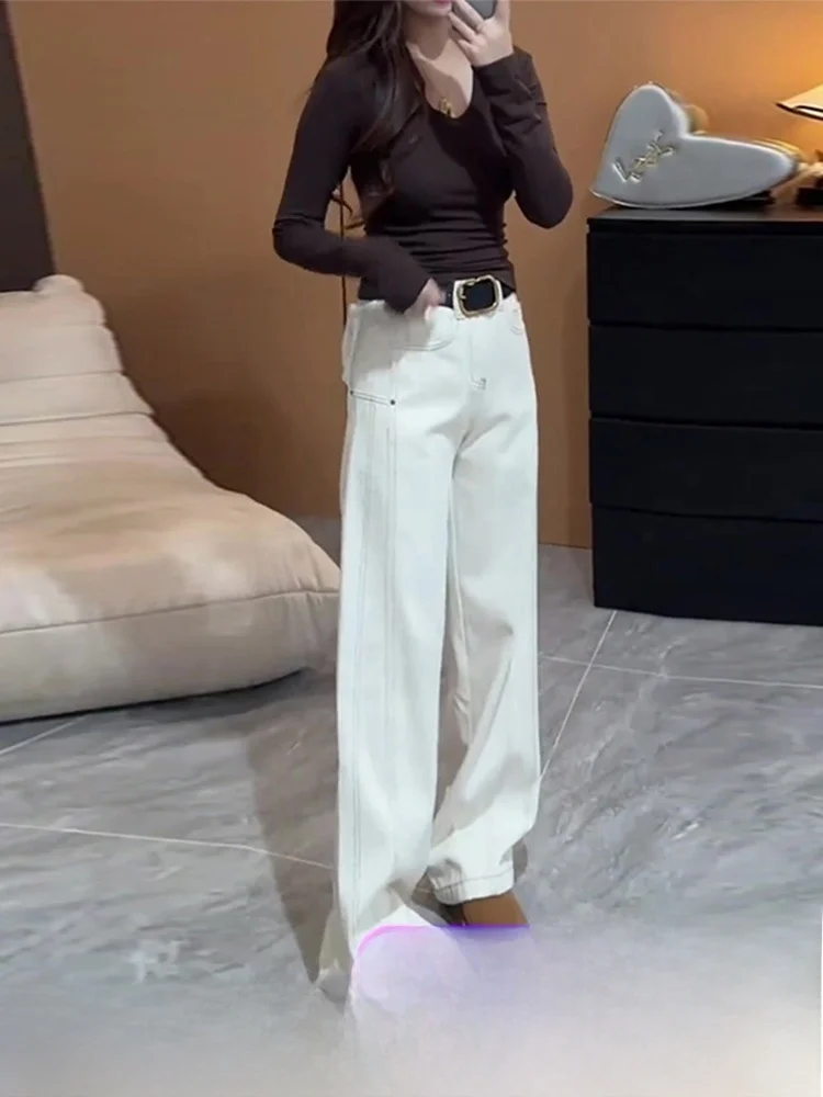 Белые прямые джинсы больших размеров женские осень-зима 2023 популярные