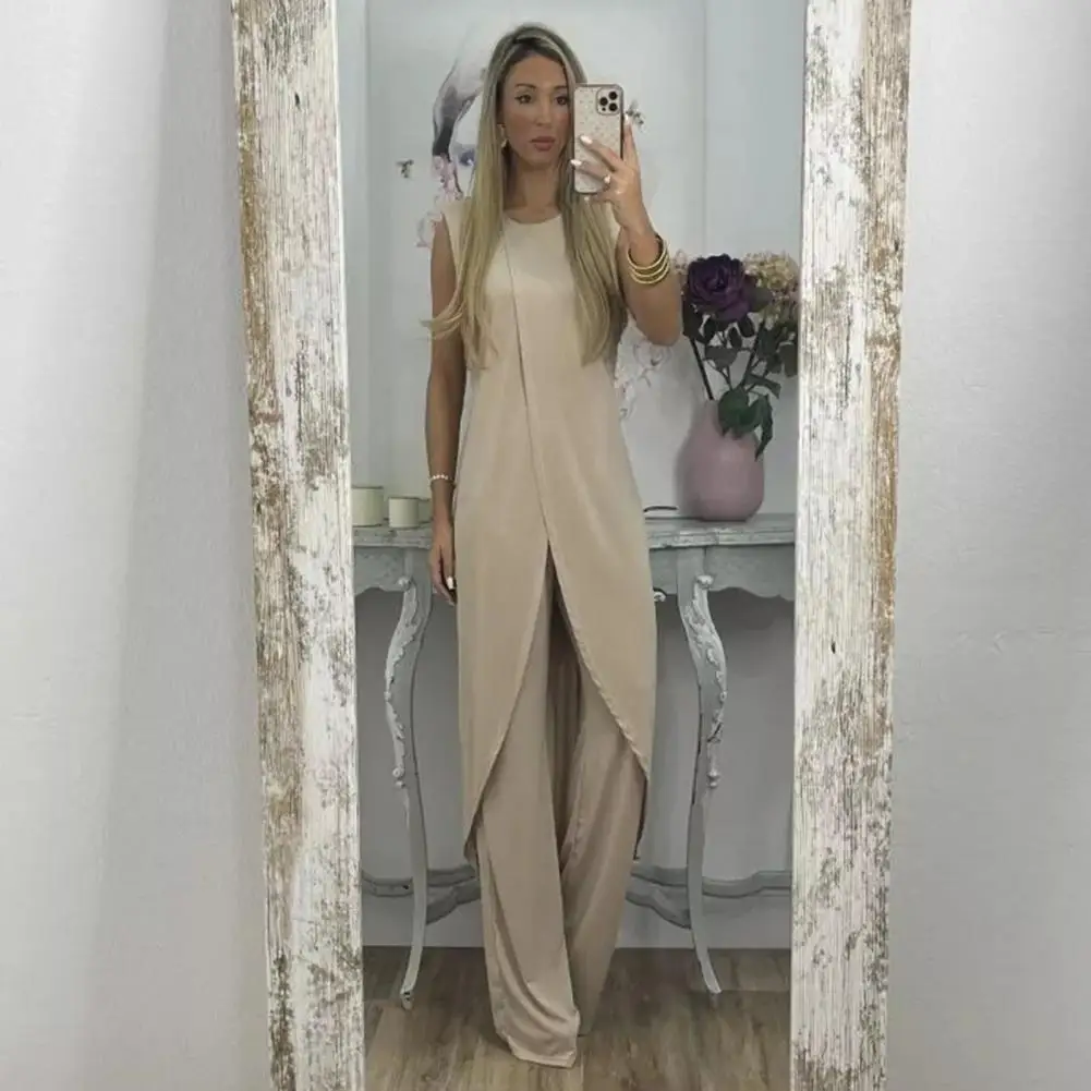 

2 Pcs/Set Women Top Pants Set Irregular Hem Wide Leg Solid Color Soft Round Neck Loose Sleeveless Long Blouse Trousers Set