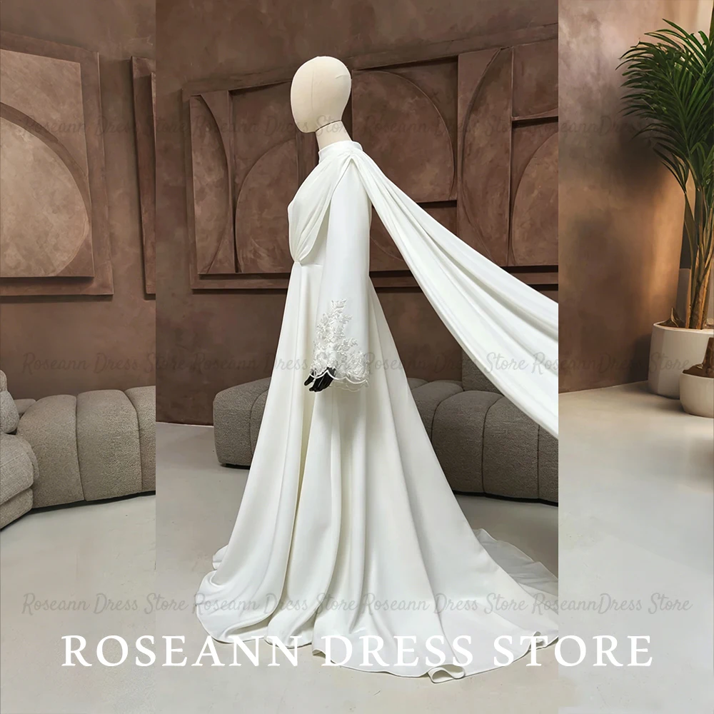 Фото Свадебное платье Roseann: скромное мусульманское платье с кейпом, кружевными рукавами-колокол и шлейфом, полностью закрытое, исламское, для невесты, на заказ (vestido de novia) №2