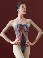 tights ballet print jumpsuit gymnastics suit chinese dance practice suit female adult body base training suit mesh long sleeved