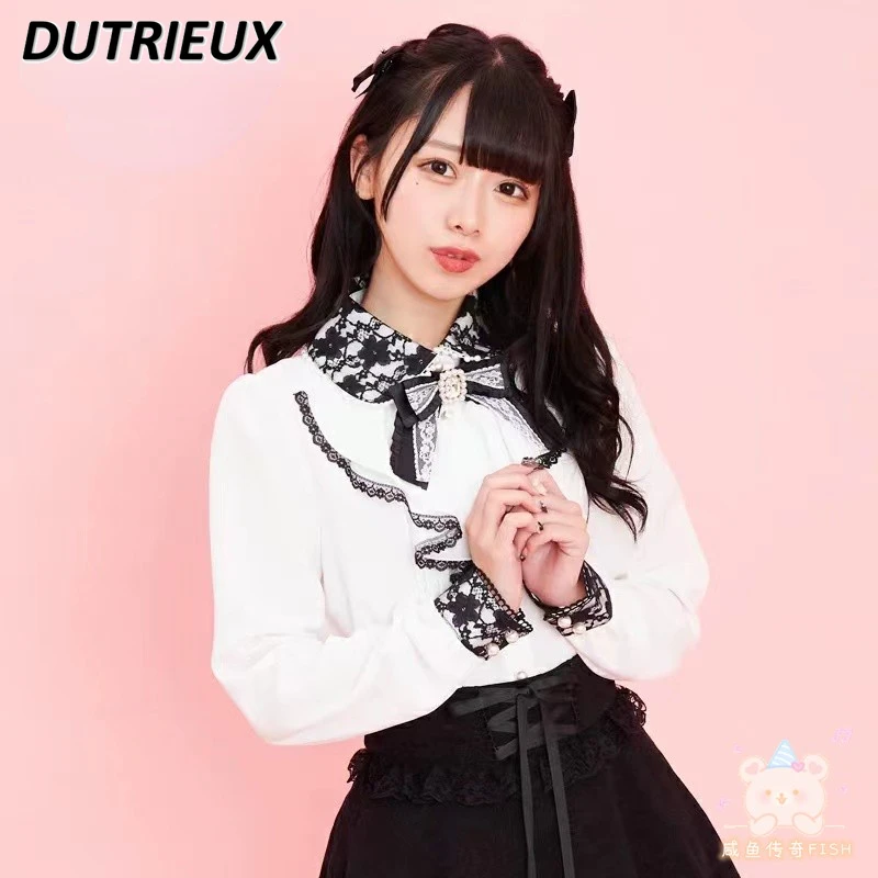 

Sc Rojita Spring Autumn New Pearl Collar Lace Stitching Tops Mine Series Mass-Produced All-Match Sweet Cute Long Sleeve Shirt