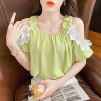 sweet off shoulder o neck tie flowers loose puff sleeve shirt 2022 summer new commute tops elegant female clothing chic blouse