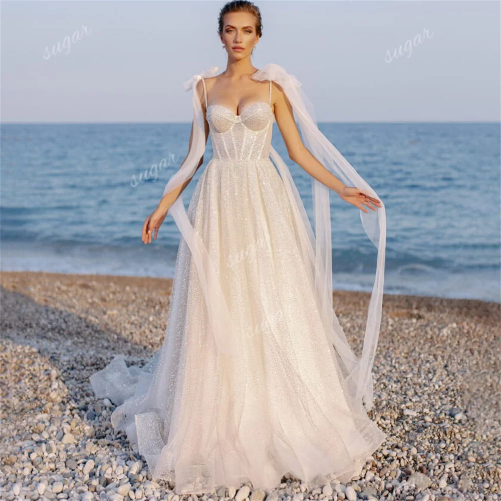 Sweetheart Sequin Tulle Wedding Dresses Women A Line Spaghetti Straps Bride Dress Long Train Boho Beach Wedding Gowns vestidos