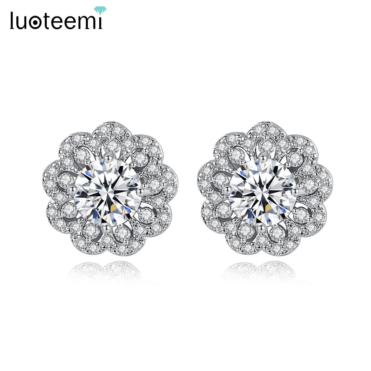 

LUOTEEMI Trendy Flower Shape Women Stud Earring Fashion Korea Design Exquisite Silver Color Shining Cubic Zirconia Wedding Jewel