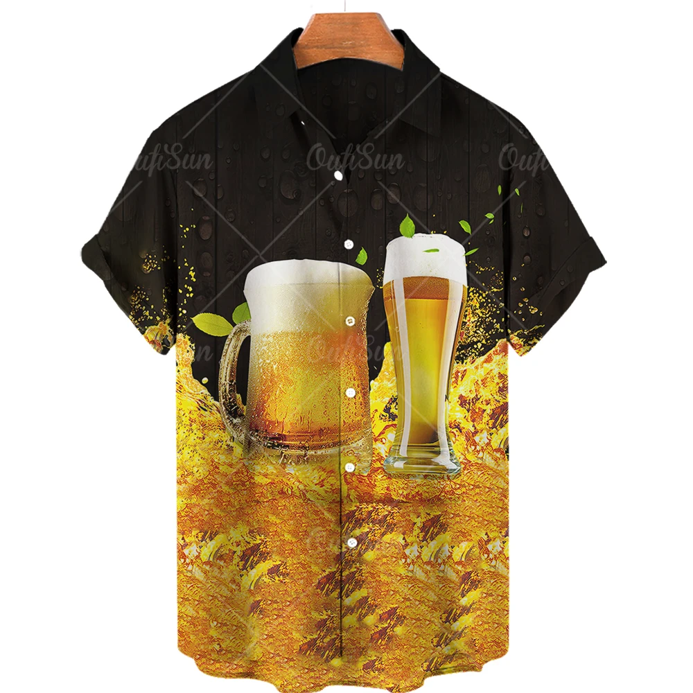 2022 Hot Sale Men's Hawaiian Shirts Beer Print Lapel Short Sleeve Harajuku Style Shirts Men's Unisex Hot Sale