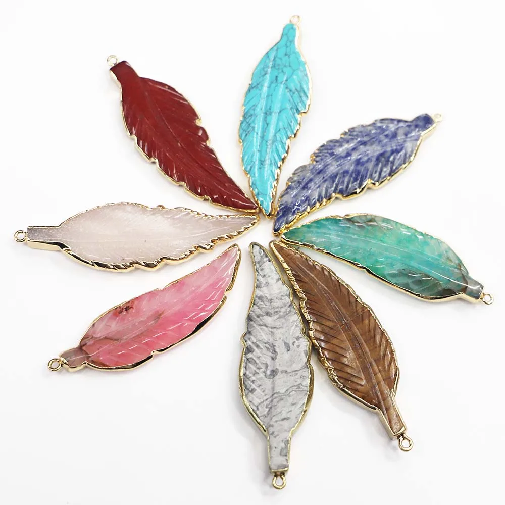 

Natural Stone Multicolor Phnom Penh Leaf Feather Pendant Sweater Chain Stylish Charm Jewelry Necklace Accessories Wholesale 4Pcs