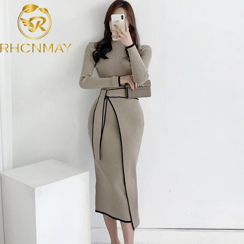 

FAKUNTN Dress With Belt Vintage Patchwork Slim Knitted Midi Dresses Women Autumn Winter Elegant Sweater Knit Dress 2021 Vestidos