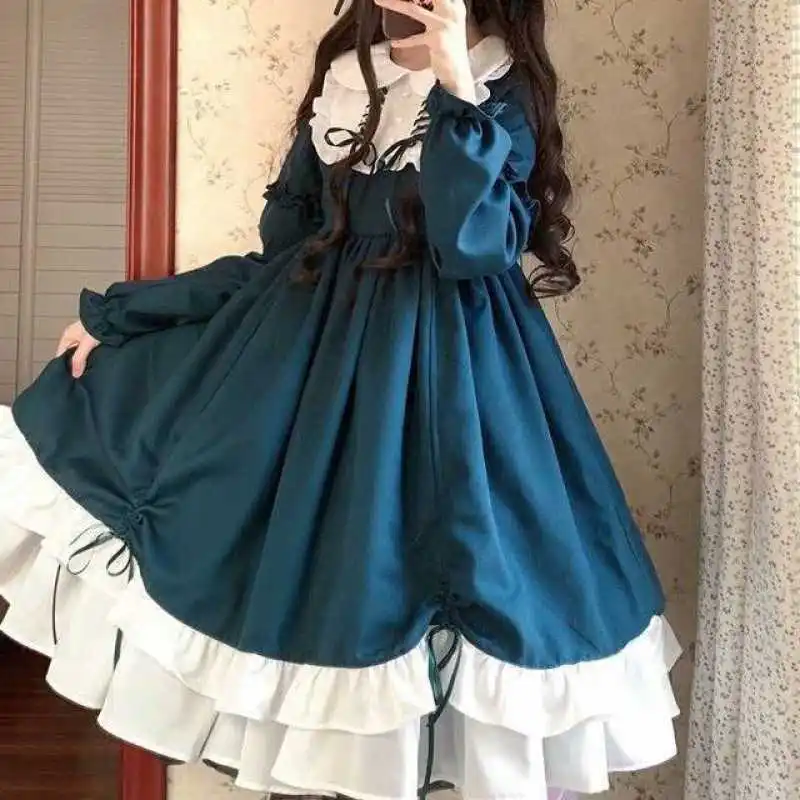 

Japanese Harajuku Long Sleeves Doll Teen Party Dress Fairy Vestidos Cute Women Lolita OP Dress Flouncing Lace Trim Dresses Y2k