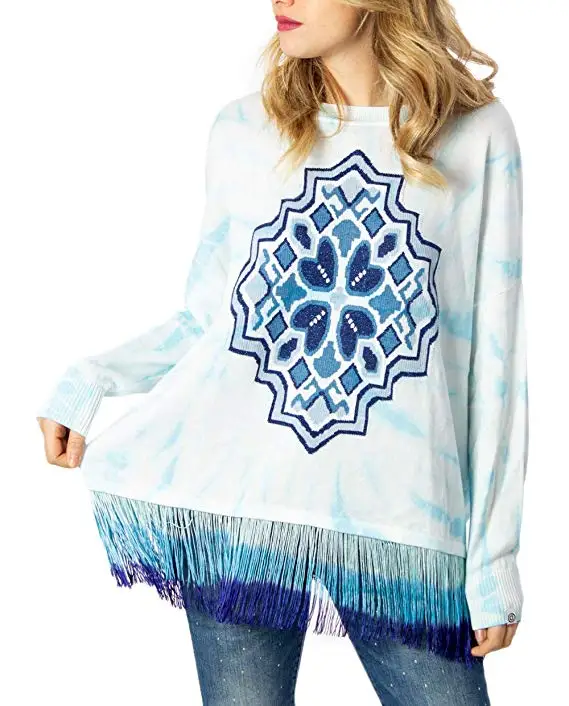

Tide brand fashion Spain printed women's fringed sweater with white skin