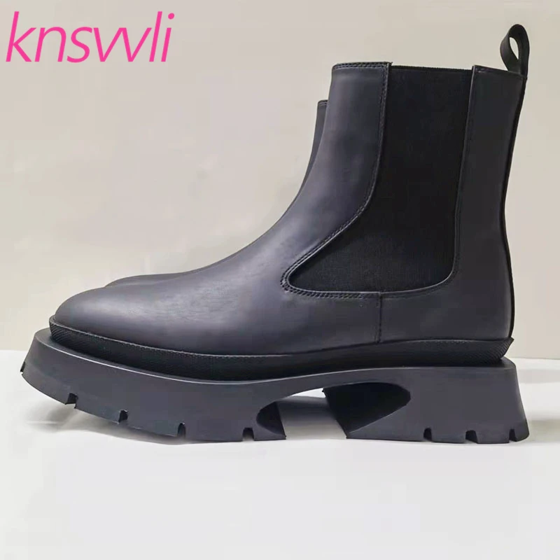 

Autumn Thick Sole Chelsea Boots Women Genuine Leather Slip On Knight Short Boots Flat Casual Motorcycle Boots Woman Brand Shoes