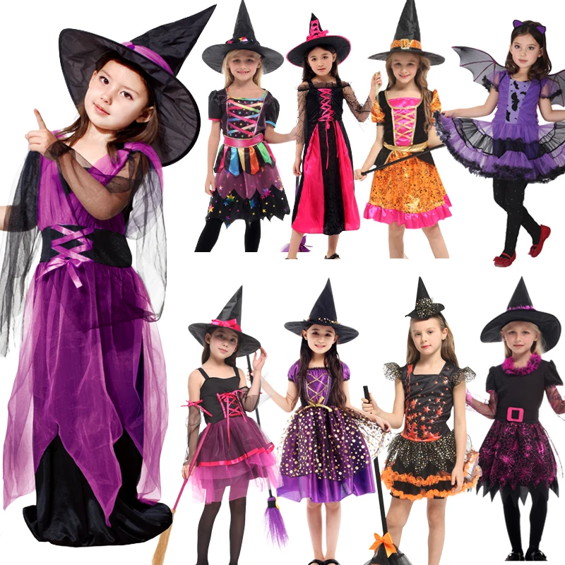 

Halloween Witch Cosplay Costumes Kids Sets Attached Pumpkin Bag Hat Children Girls Carnival Christmas Gift Anime