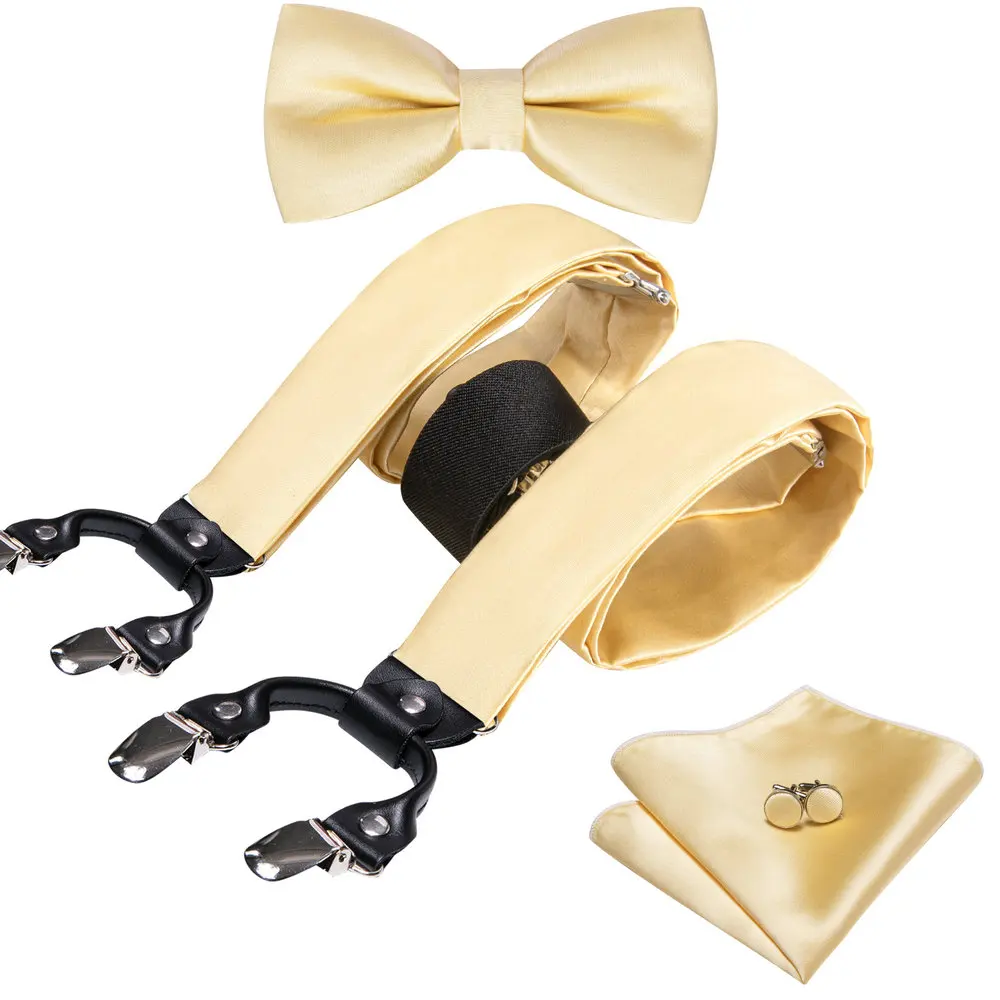 

Designer Champagne Suspenders Men 6 Clips Silk Belt Exquisite Solid Adjustable Bowtie kerchief Cufflinks Sets Wedding Barry.Wang