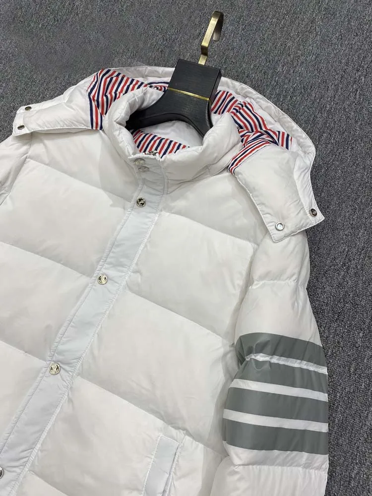 New White Duck Down Jacket Classic Striepd Men Winter Warm Solid Color Hooded Down Coats Winter Outdoor Coat TB Down Jackets