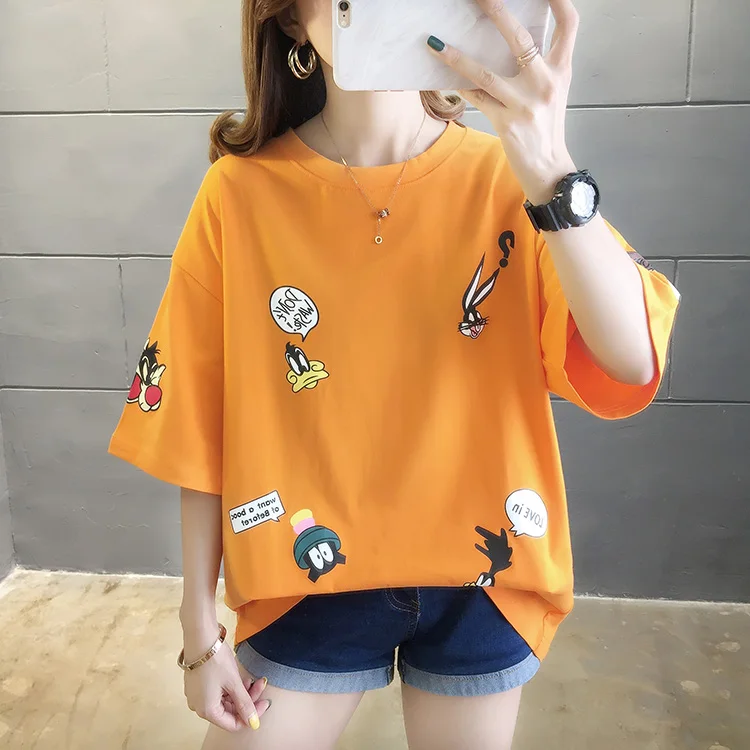 

Women's Summer Cartoon Loose Korean Version Art Short-sleeved T-shirt Mid-length Ins Tide Super Hot Hollow Print Top