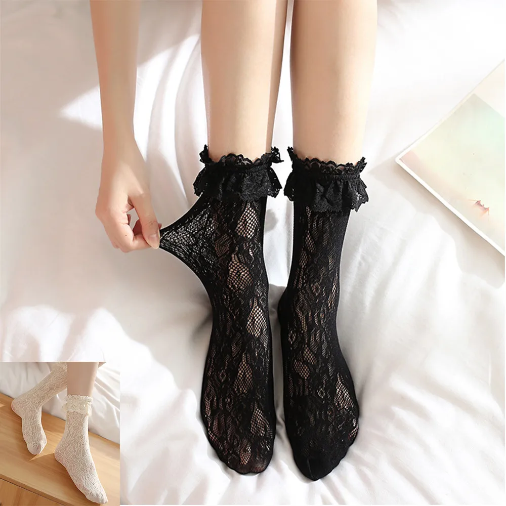 

Women Socks Lace Girl Socks Lolita Student Socks Lolita Cute Japanese And Korean Girl Stockings Black White Pink Grey Solid