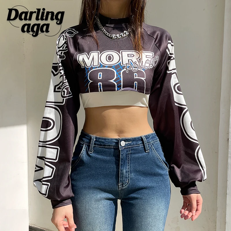 

Darlingaga Moto Style Letter Printed Autumn T-shirts Women Mini Top Harajuku Biker Smock Pullover Racing Long Sleeve Clothes New