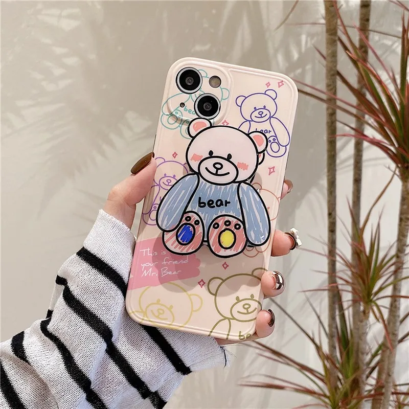 

Cute Cartoon Animal Doodle Bear Folding Stand Girl Soft Case For Iphone 11 12 13 Pro Max 7 8 Plus Xr X Xs Anti-drop Cover Fundas