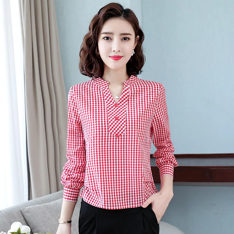 Pullover V-Neck Plaid Shirt Women'S 2022 New Long Sleeve Short Pure Cotton Stand Collar Loose Korean Fashion Trend Thin Top